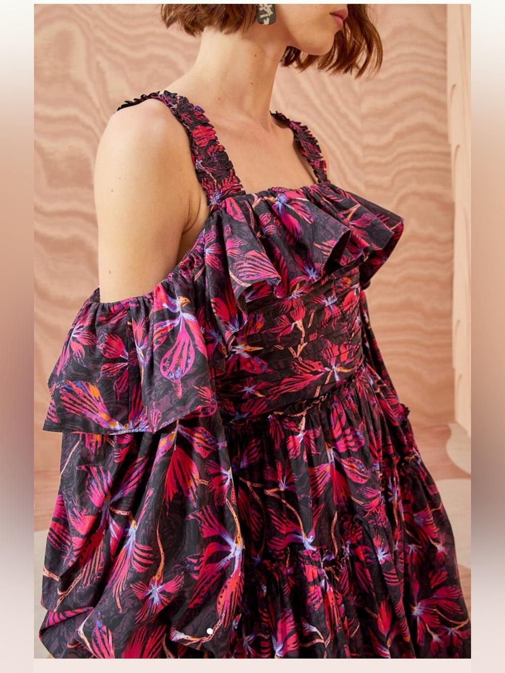 Ulla Johnson Cold Shoulder Floral Dress Pink Black Ruffle Sleeve Long Sleeve - Picture 2 of 10